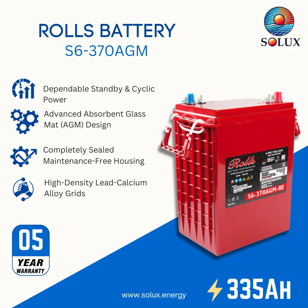 A red Rolls S6-370AGM battery shown on a white and blue promotional graphic with product features, a 05-year warranty badge, the Solux logo, and 335AH text.